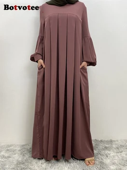 Botvotee Suelto Musulmán Maxi Vestidos para las Mujeres 2023 Otoño Chic Vintage de Manga Larga Sólido Vestido Casual O Cuello Bolsillos Vestido para la Oración