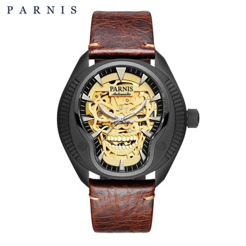 La moda Parnis 43MM de la Esfera de Oro de los Hombres Mecánicos Relojes de Cristal de Zafiro Correa de Cuero para Hombres Automáticos de los Relojes reloj hombre 2023 Regalo