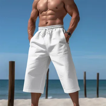 Ropa de cama de algodón de Color Sólido Casual Recta pantalones Cortos de Playa de Estilo Diseño del Lazo Delgado Pantalón Corto Para los Hombres Simple Diaria de los Hombres pantalones Cortos